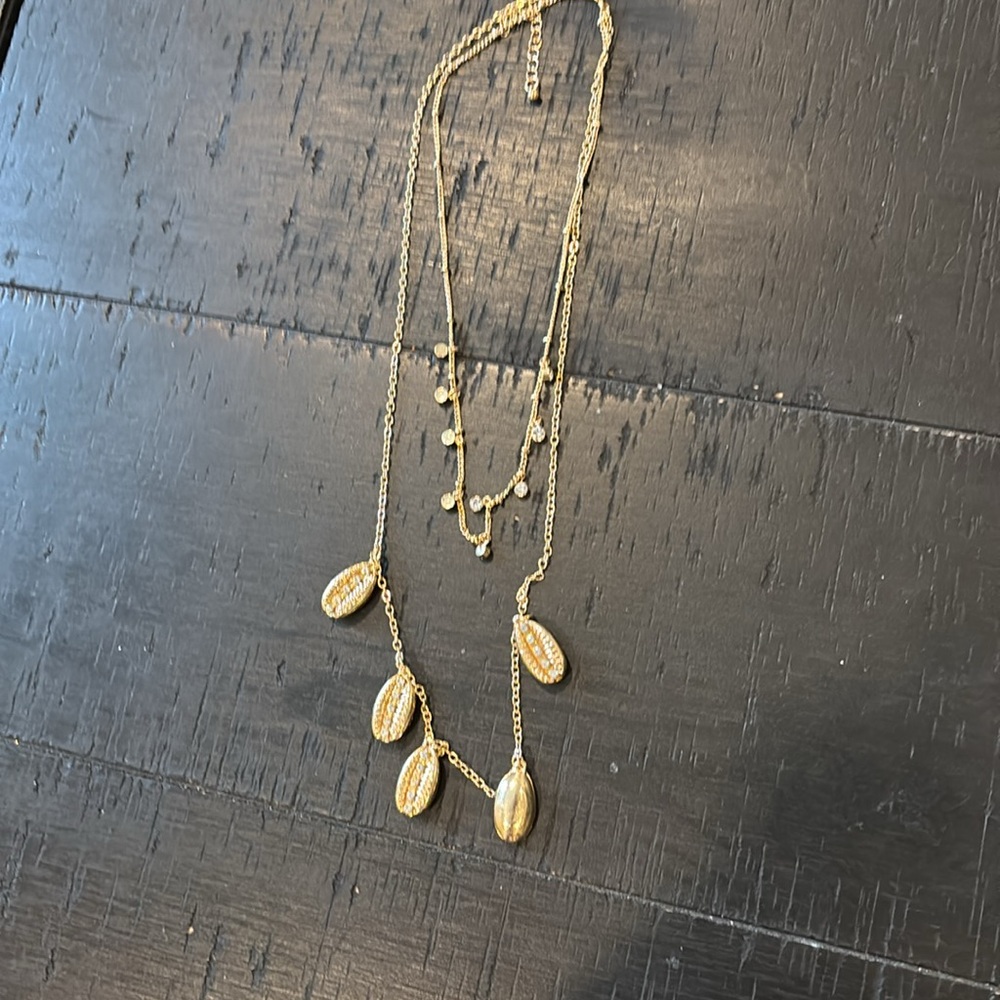 Multilayer Shell Gold Tone Rhinestone Dangle Pend… - image 3